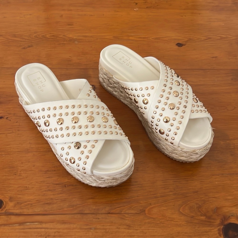 ShuShop Women's Platform Wedge Heels Cream Leather Sandals Size 8.5